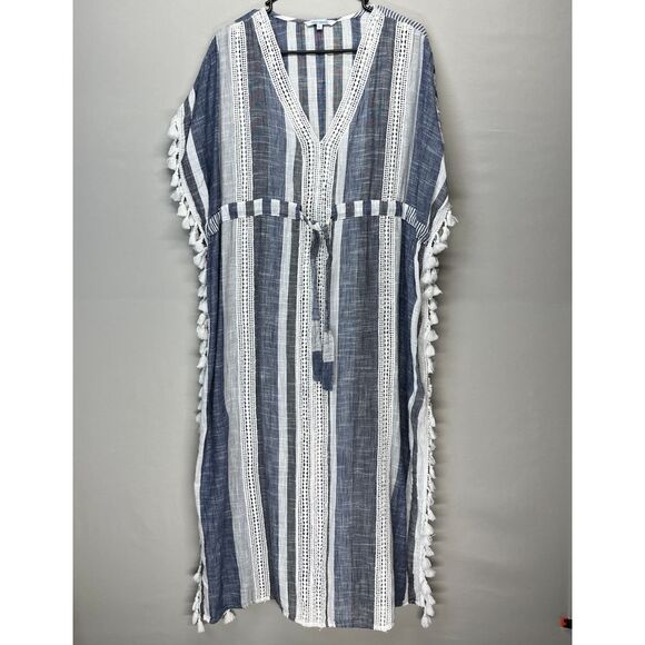 Blue Island Striped Crochet Trim Tassel Caftan Swim Cover Up Dress Coastal Large - Picture 5 of 12